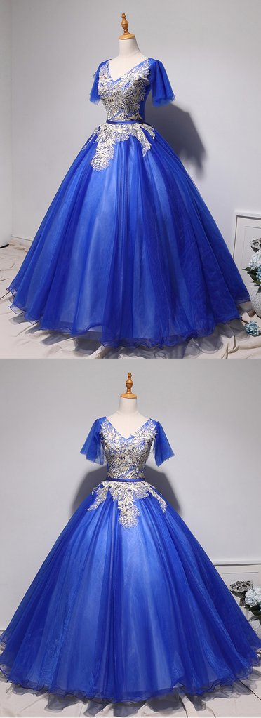 Dressystars Royal Blue High Neck Tulle A Line High-Low Prom Dress With Sleeves main image 1
