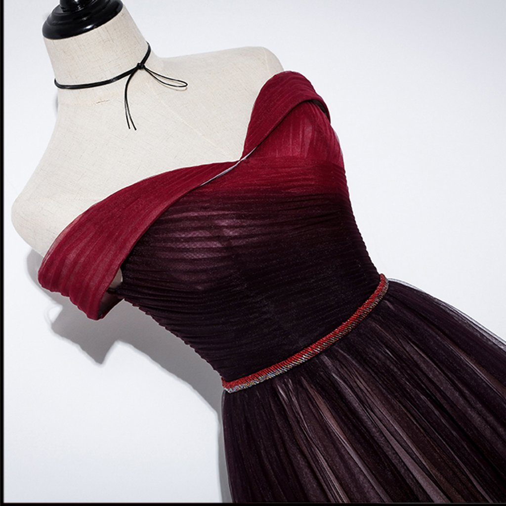 Elegant Burgundy One Shoulder Long Sleeve Tulle Ruffle A-line Long Prom Dresses Evening Dress, OL840