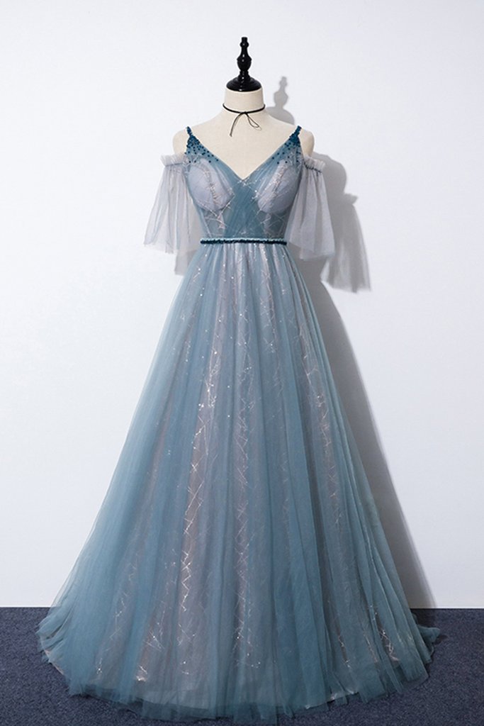 V Neck Black Blue Pleated Tulle Long Formal Dress