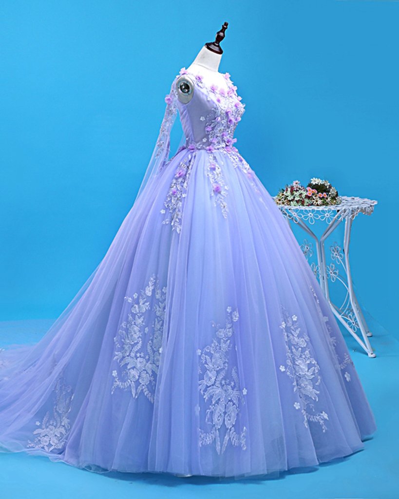 A Line Long Sleeve Lavender Tulle Beading Prom Dress main image 0