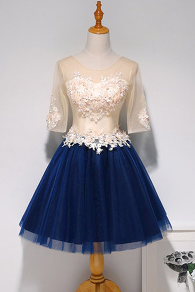 Champagne Tulle Short Navy Blue Tulle Prom Dress, Homecoming Dress on ...