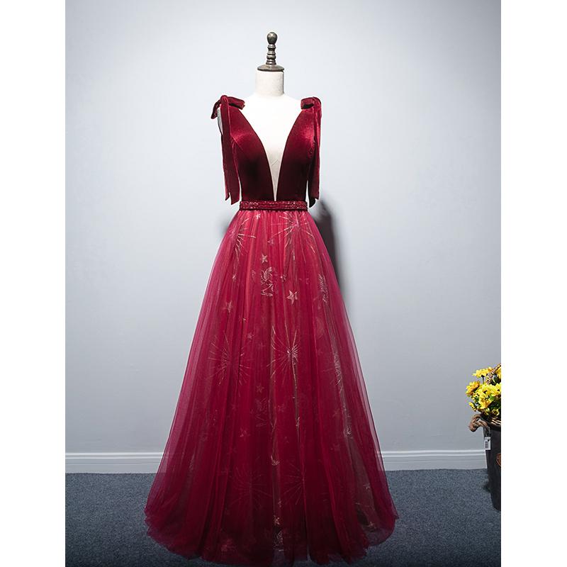 Burgundy Velvet And Tulle Long Prom Dress, A-Line V-Neck Formal Evening Dress