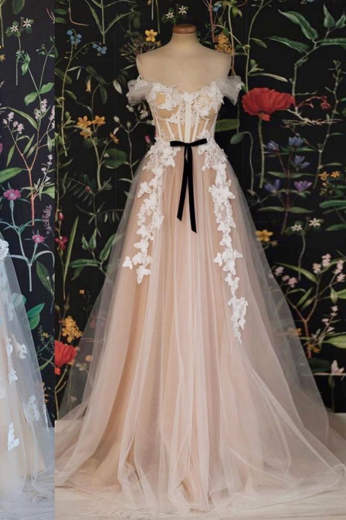Charming Tulle Off Shoulder with Lace Applique Long Party Dress, New Prom Dress