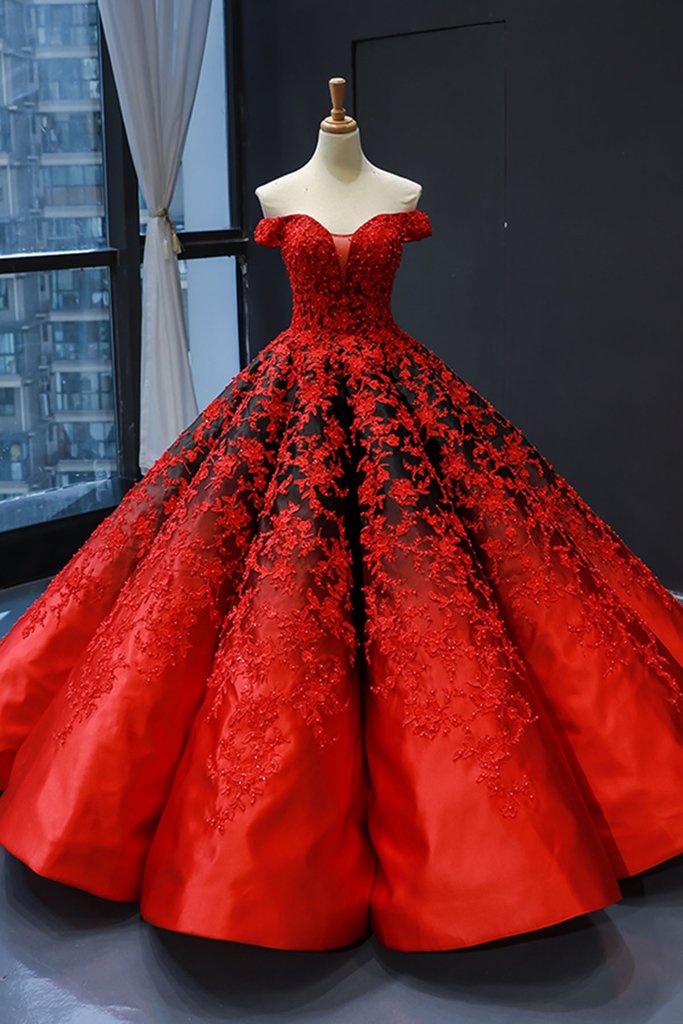 Regal Red Satin Ball Gown With Black Lace Appliqués on Luulla