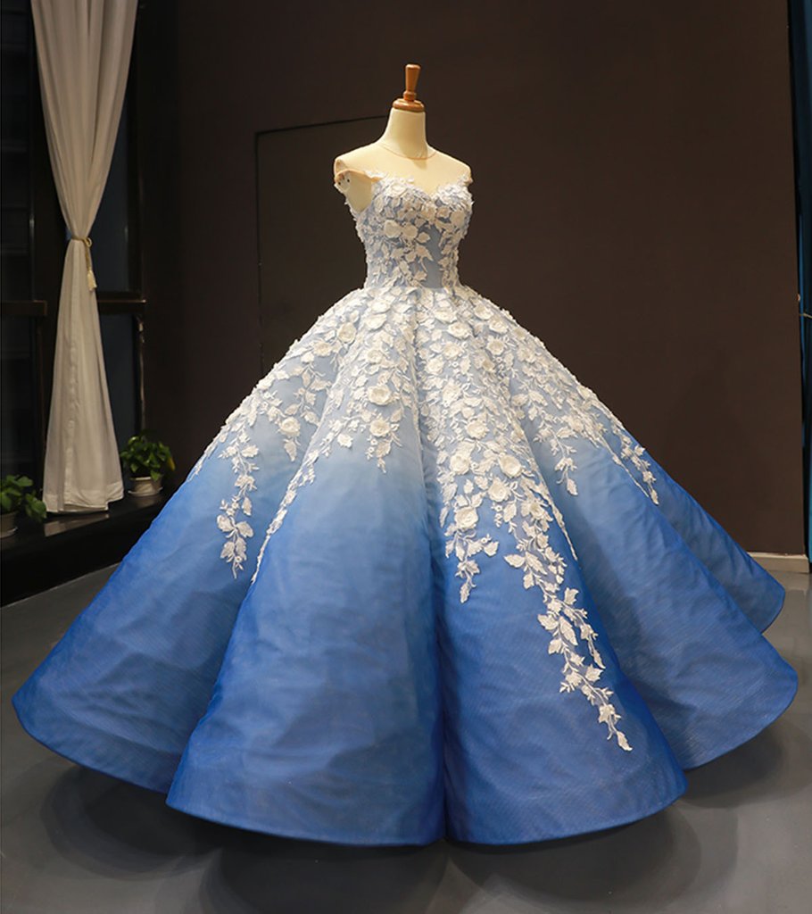 Real Picture Blue Round Neck Lace Up Ball Gown, Formal Prom Dress With