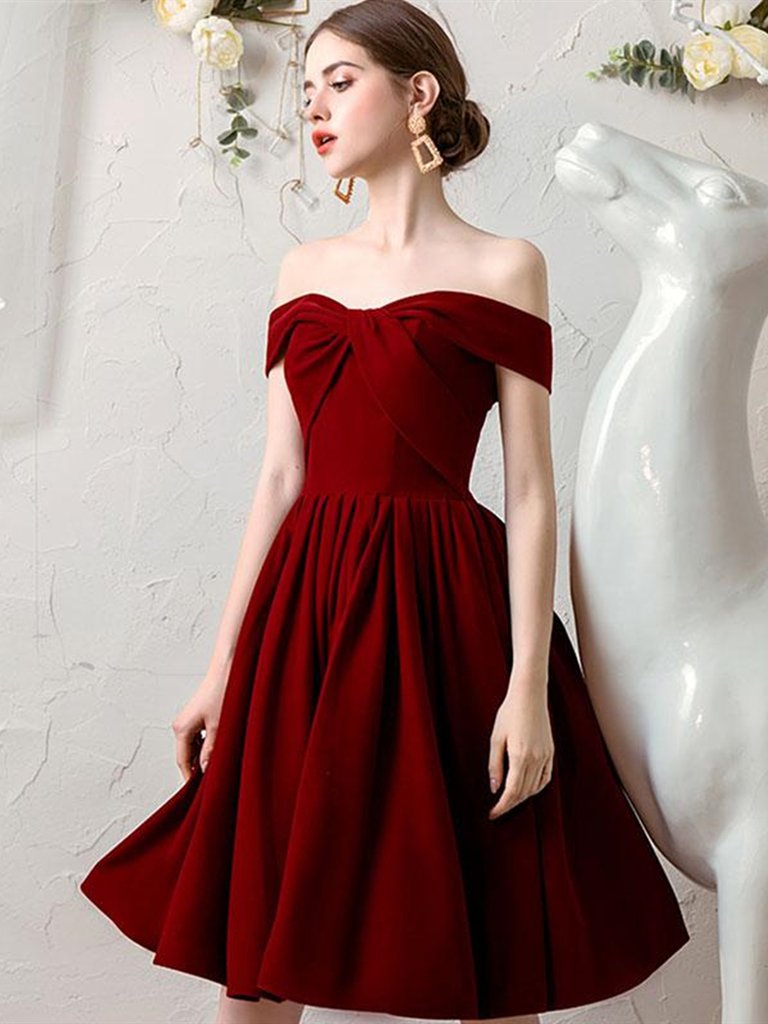 Burgundy Off Shoulder Long Sleeves Short Formal Dress
