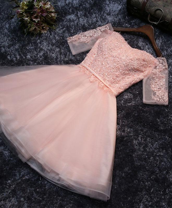 Cute Strapless Tulle Beaded Pink A Line Short Prom Dress Homecoming Dress