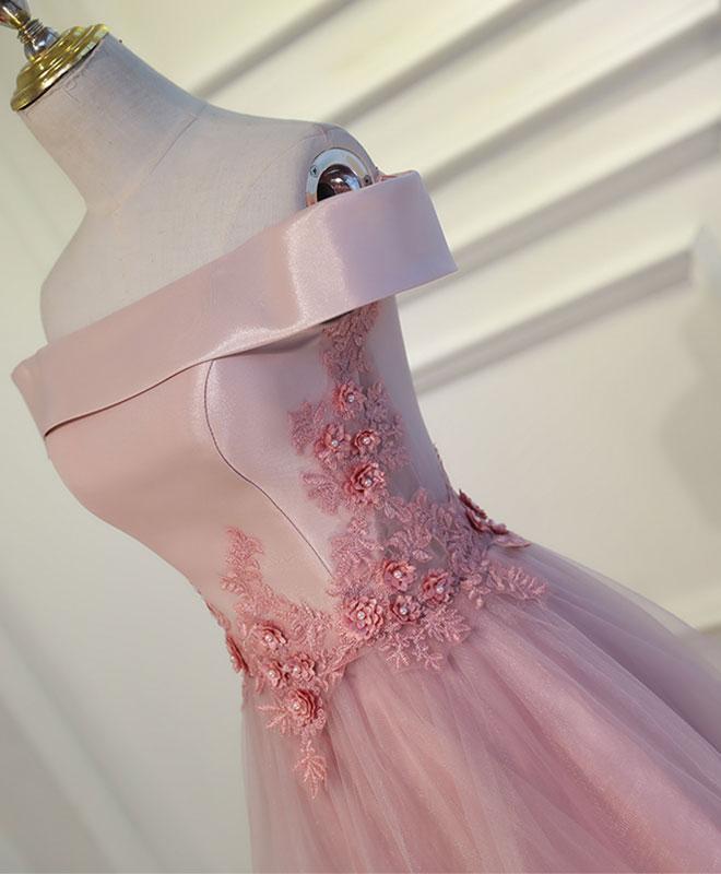 Pink A-line Off Shoulder Lace Floor Length Party Dress