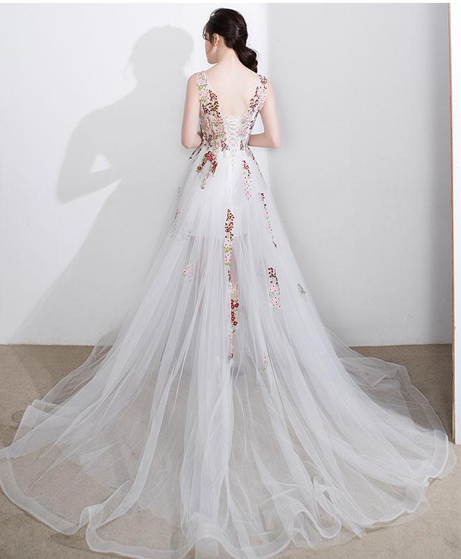 White A-line tulle lace long prom dress white lace long evening dress