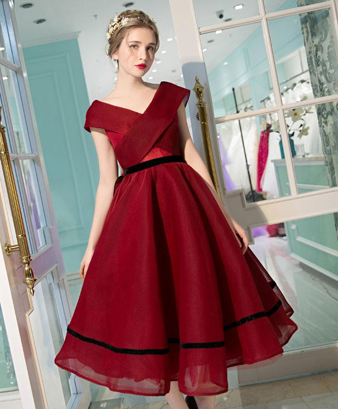 Burgundy V Neck Tea Length Prom Dress,burgundy Evening Dress on Luulla