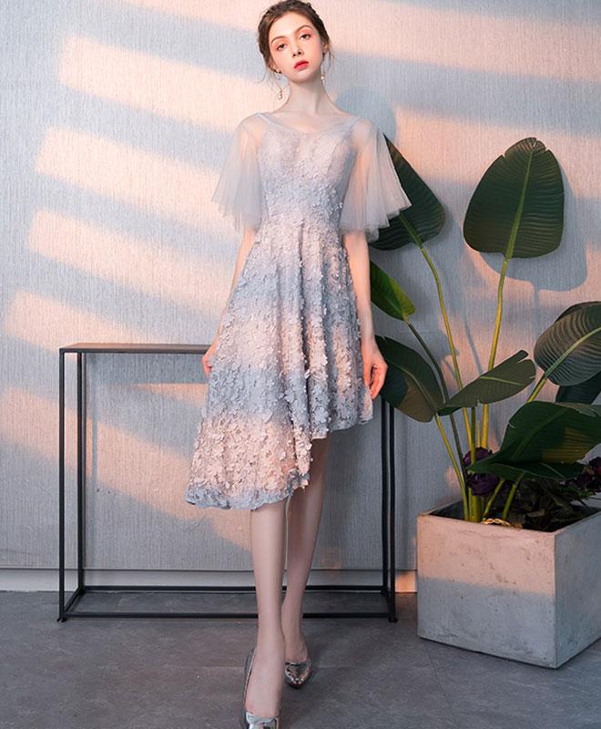 Elegant Gray Round Neck Lace Cap Sleeves Short Prom Dress for Parties