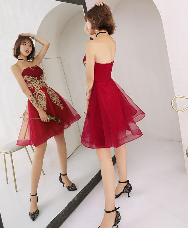 Burgundy Tulle Lace Appliques Halter Homecoming Dresses, Short Prom Dress main image 1