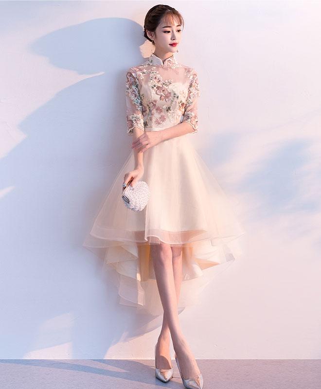 Elegant Champagne Tulle Applique Short Prom Dress Bridesmaid Gown