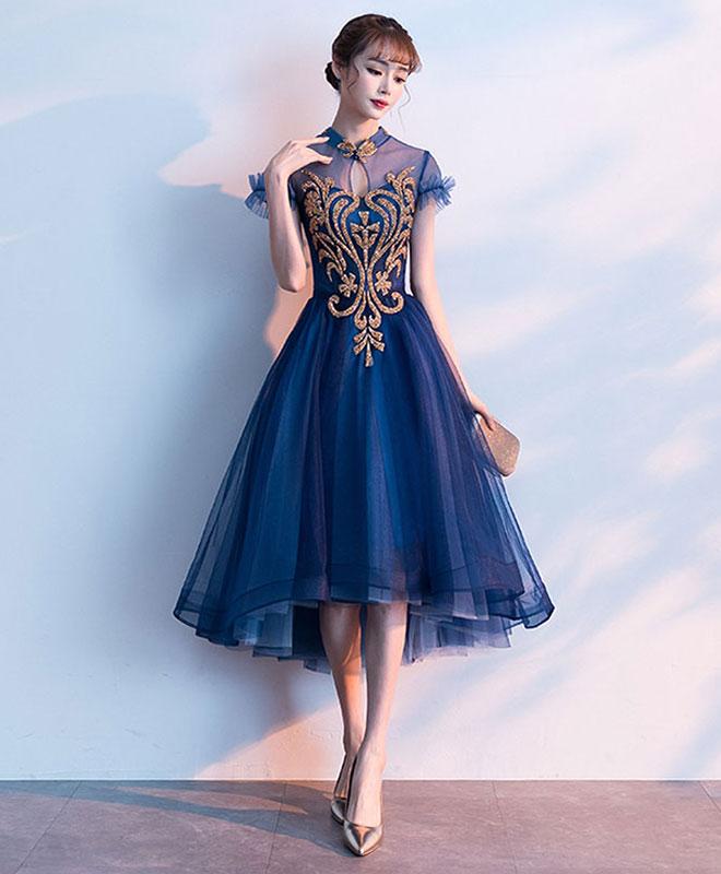 Blue lace tulle short prom dress, Full of charm homecoming dress