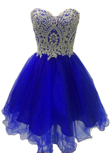 Royal Blue Tulle With Gold Applique, Short Prom Dress, Blue Homecoming ...