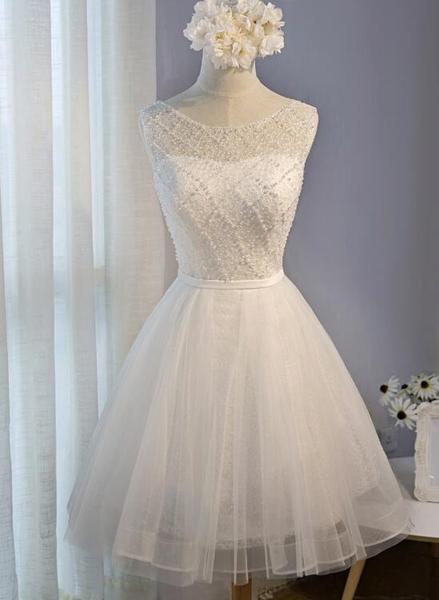 Simple White Tulle And Beaded Graduation Dress, White Party Dress ...