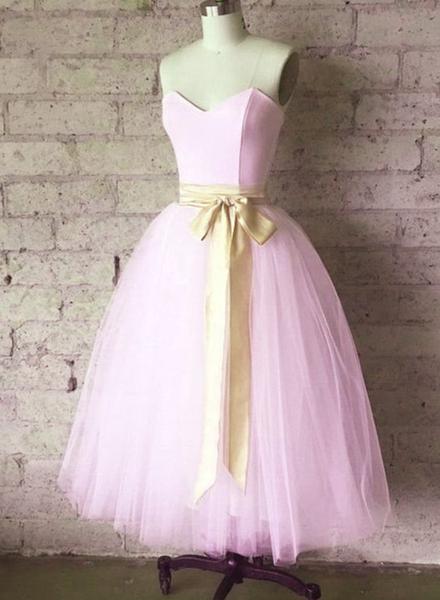 Elegant Light Pink Tulle Tea Length Wedding Party Dress With Belt ...