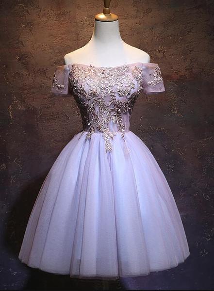 Off Shoulder Tulle Ball Homecoming Dress, Cute Applique Party Dress ...