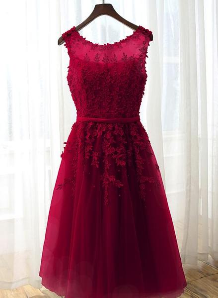 Beautiful Wine Red Tulle Tea Length Homecoming Dresses, Beaded Pretty ...