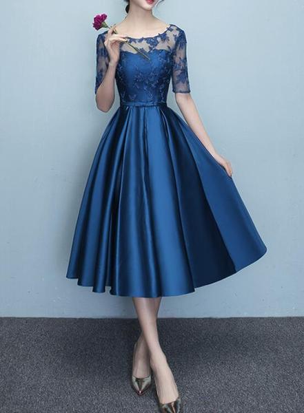 Blue Short Sleeves Tea Length Formal Dress, Blue Bridesmaid Dresses ...