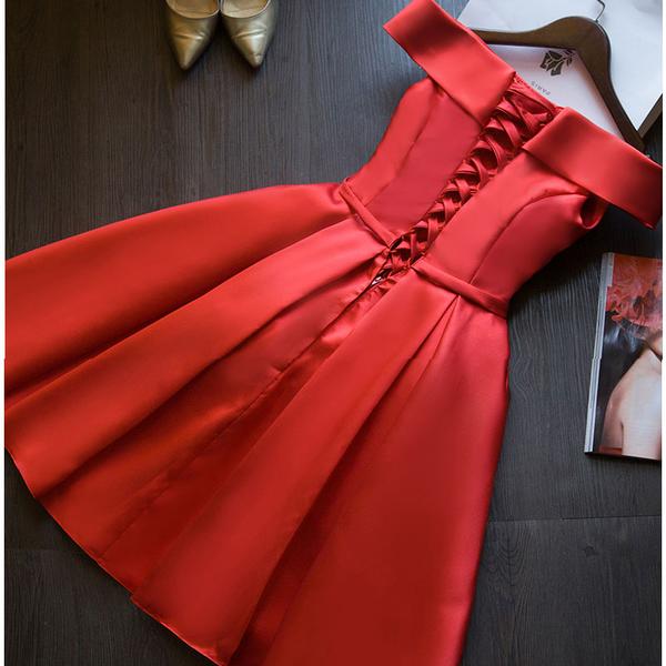 Red Satin Off Shoulder Short Party Dress, Red Homecoming Dress Prom Dress