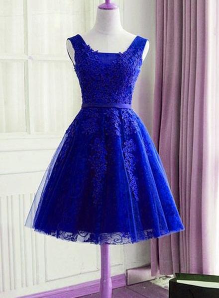 Royal Blue Lace Applique Tulle Knee Length Homecoming Dress, Charming ...
