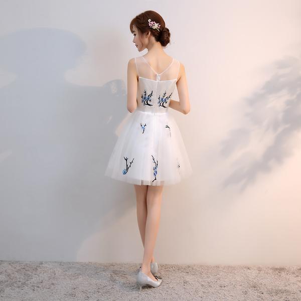 Cute White Short Tulle Beaded Graduation Dress, White Short Formal Prom Dress Formal Dress