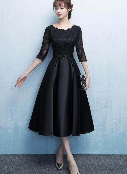 Black Satin Tea Length Party Dress, Black Prom Dress on Luulla
