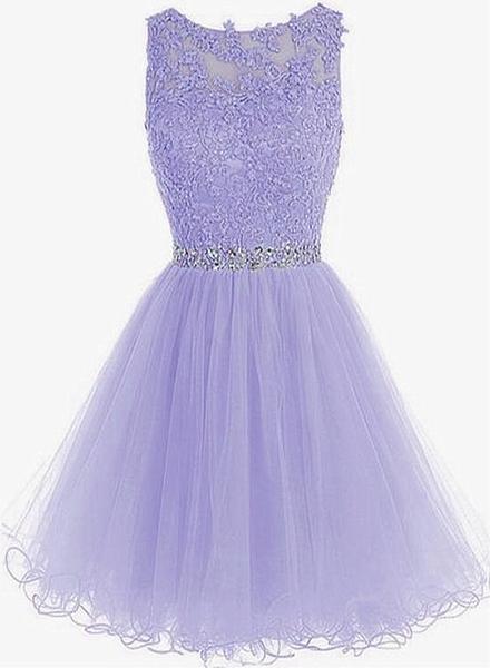 Cute Round Neck Lace Short Purple Prom Dresses, Purple Homecoming ...