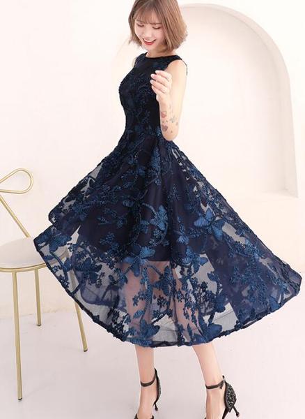Dark Navy High Low Ankle Length Sleeveless Bridesmaid Dresses, WG32