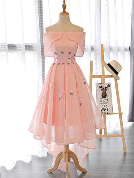 Pink Cute High Low Off Shoulder Homecoming Dress With Flowers, Short ...