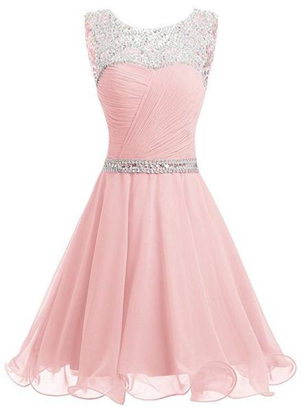 Charming Sheath Spaghetti Strap Party Dress Beaded Pink Chiffon Homecoming Dress main image 1