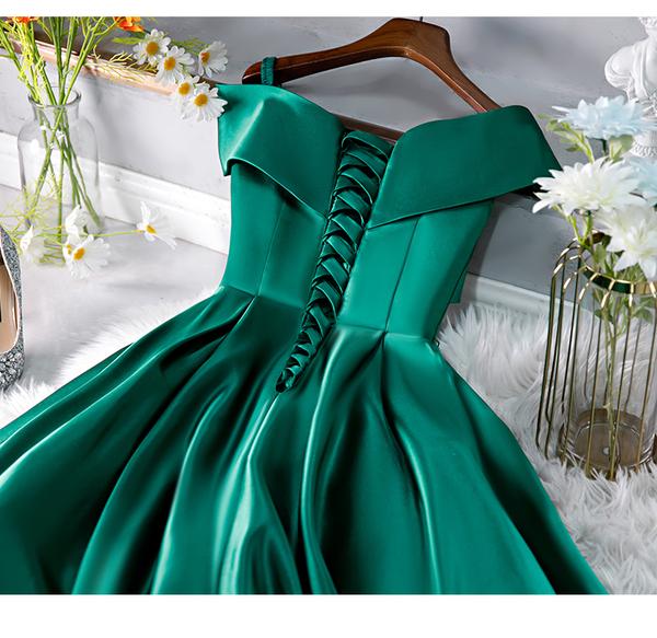 Green Satin Short Sweeetheart Off Shoulder Dress, Green