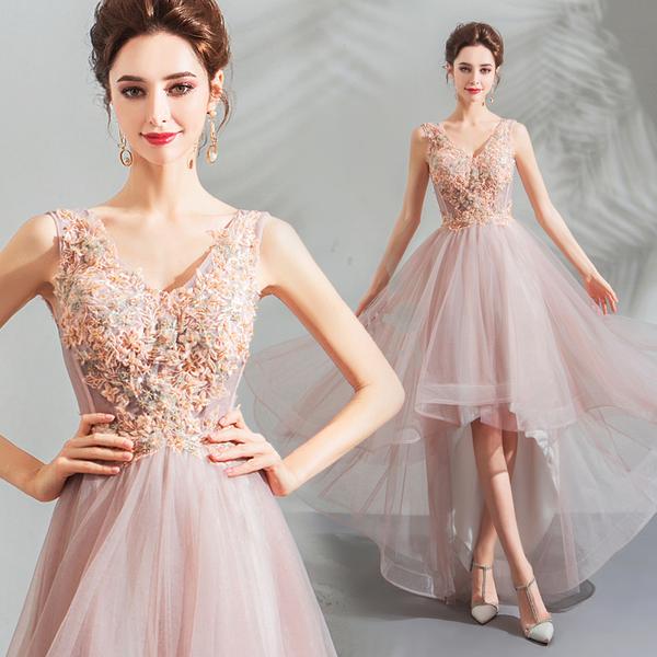 Plunging V-Neck Lace Appliqued Short Dress Pearl Pink