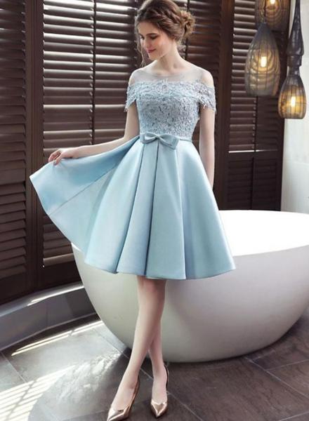 Light Blue Satin Lace Top Off Shoulder Homecoming Dress, Blue Prom ...