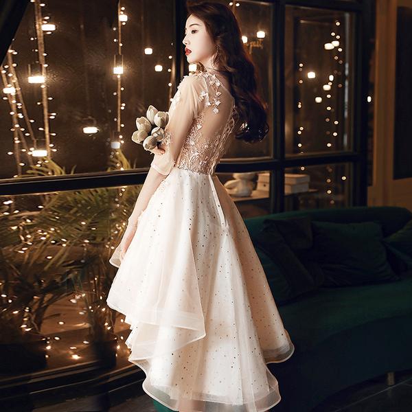 Light Champagne Lace Knee Length Halter Party Dresses, Short Lace Homecoming Dresses